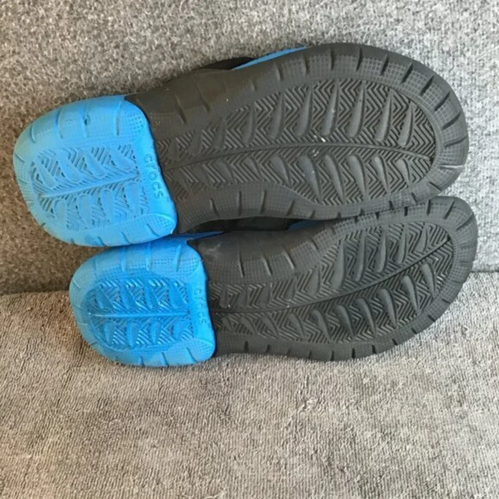 Crocs Swiftwater Blue Black Leather Comfort Sandals Flip Flops Sz 12 EUC‎